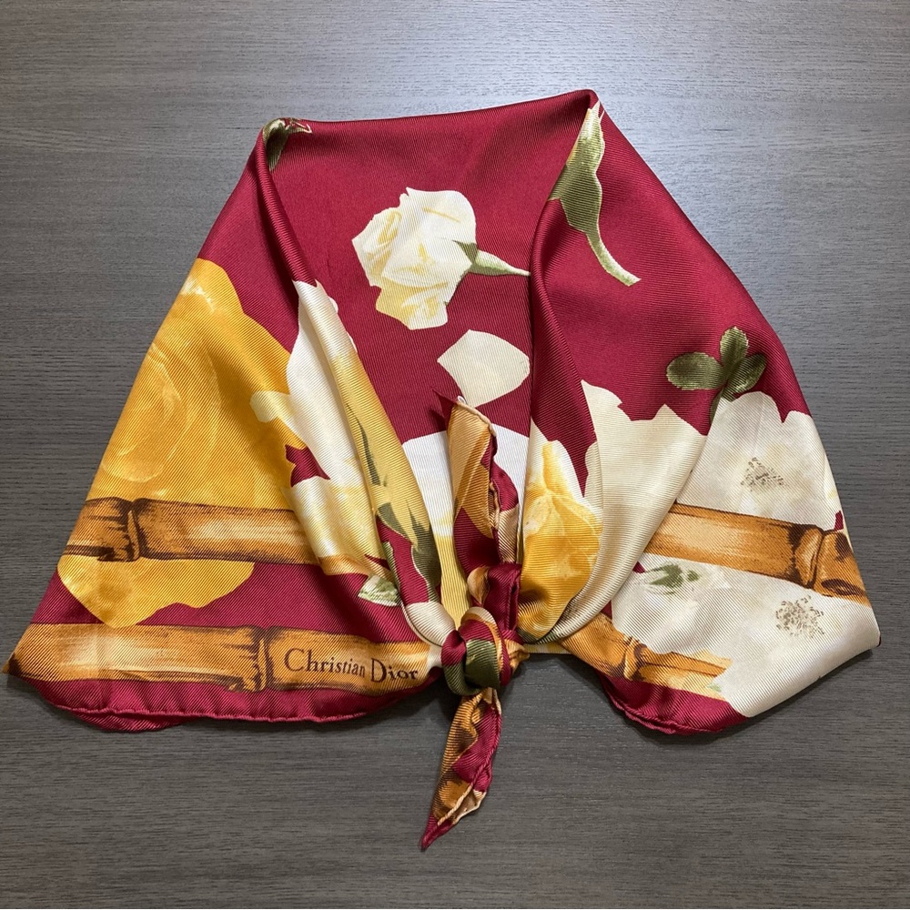 Vintage Dior Burgundy + Flower Pattern Silk Scarf - Picture 2 of 6